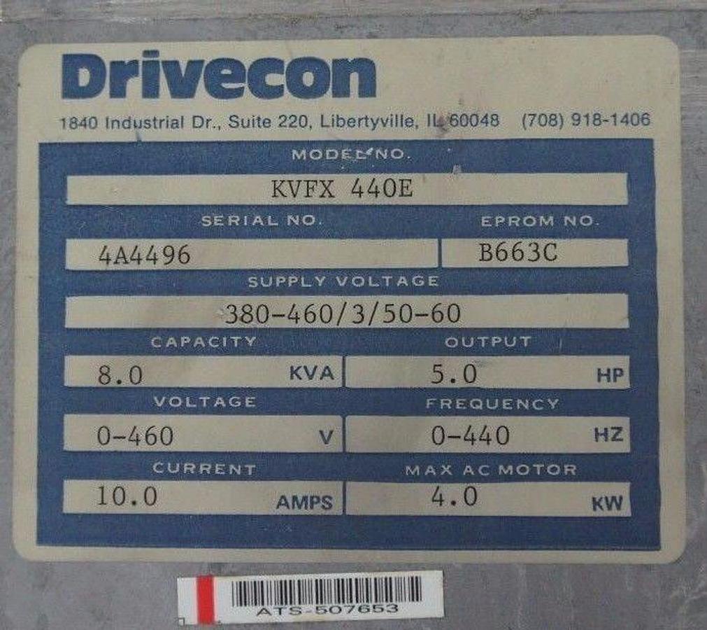 Used DRIVECON KVFX-440E TRANSISTOR INVERTER 380-460V 50/60HZ 10AMP 5HP