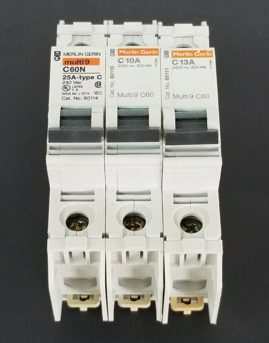 Used LOT OF 3 MERLIN GERIN CIRCUIT BREAKERS 60114 , 60110 , 60111 C60N C10A C13A
