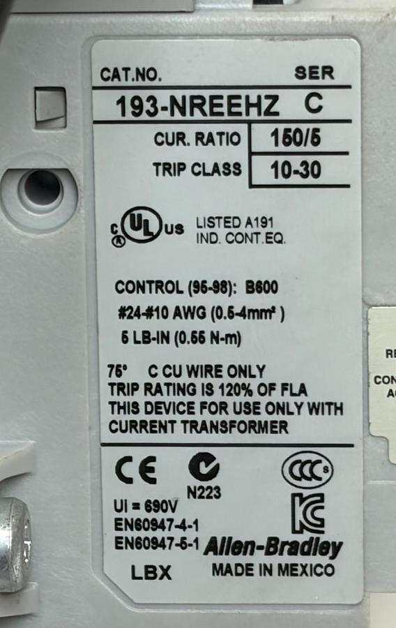 Used Allen-Bradley 592-EEHE E1 Plus Electronic Overload Relay 30-150A 150:5 CT
