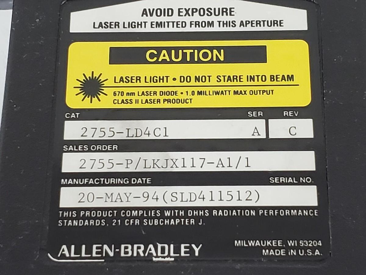 Used ALLEN BRADLEY 2755-LD4C1 BAR CODE SCANNER HEAD SER. A REV. C