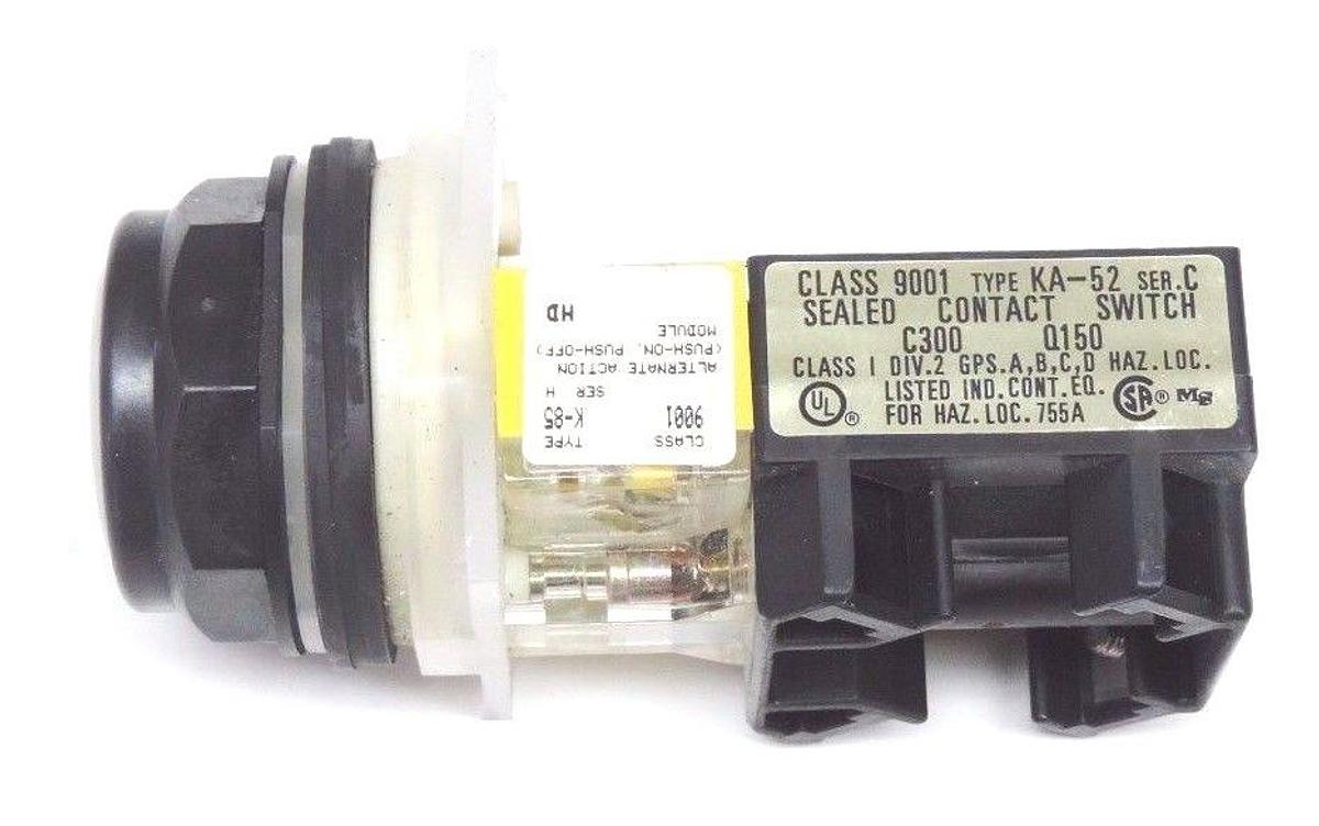 Used NEW SQUARE D 9001-KA-52 CONTACT W/ 9001K-85 ACTION MODULE SER H W/ GREEN BUTTON