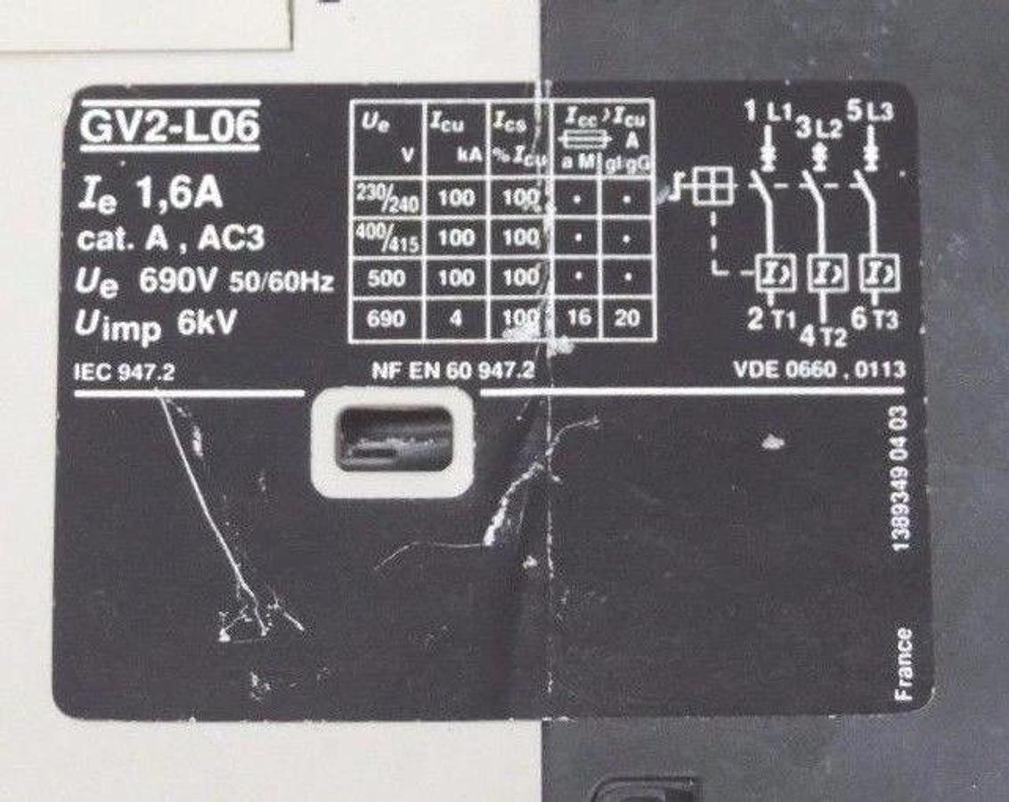 Used TELEMECANIQUE GV2-L06 MANUAL STARTER SWITCH 6A, 690V, 50/60HZ GV2L06