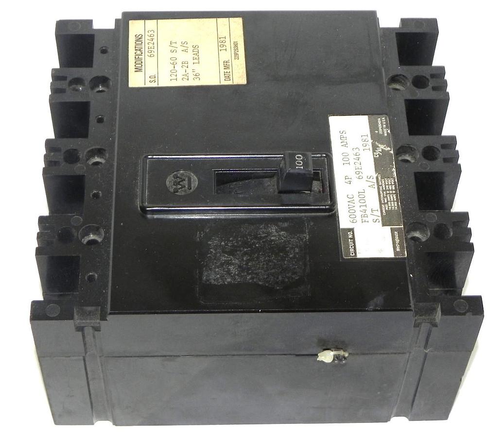 Used WESTINGHOUSE FB4100L CIRCUIT BREAKER 4 POLE 100 AMP, 69E2463