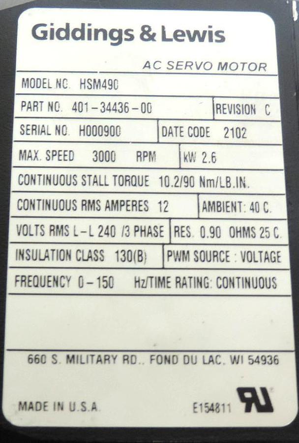 Used GIDDINGS & LEWIS HSM490, P/N: 401-34436-00 90 LB. IN. BRUSHLESS SERVO MOTOR