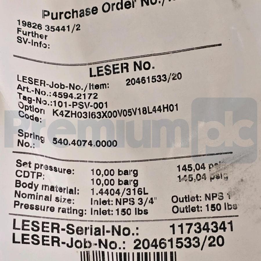 LESER 4594.2172 459 S/S Pressure Safety Relief Valve IN 3/4" OUT 1" 145psig NSNP