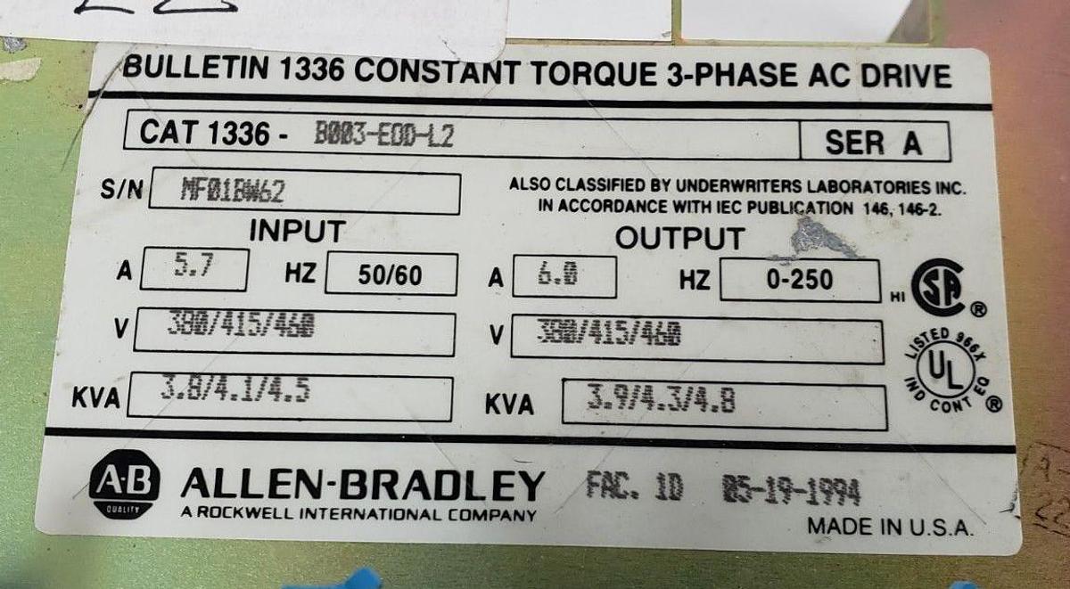 Used ALLEN BRADLEY 1336-B003-EOD-L2 DRIVE ASSEMBLY 120659 148363 REV. 02 (INCOMPLETE)