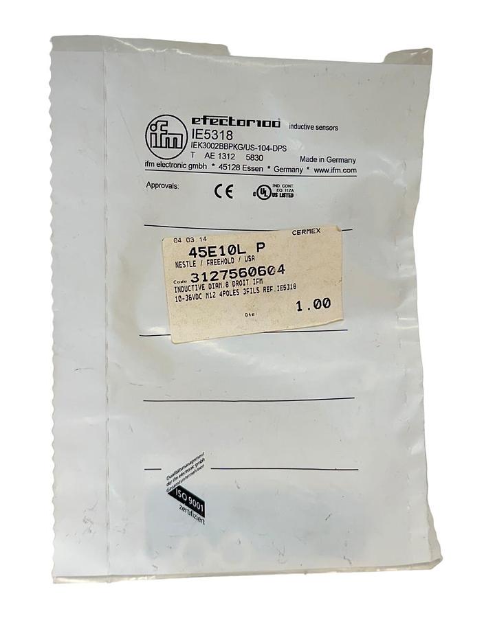 Used NEW IFM IEK3002BBPKG/US-104-DPS / IE5318 EFECTOR INDUCTIVE SENSOR 10-36V NSFS