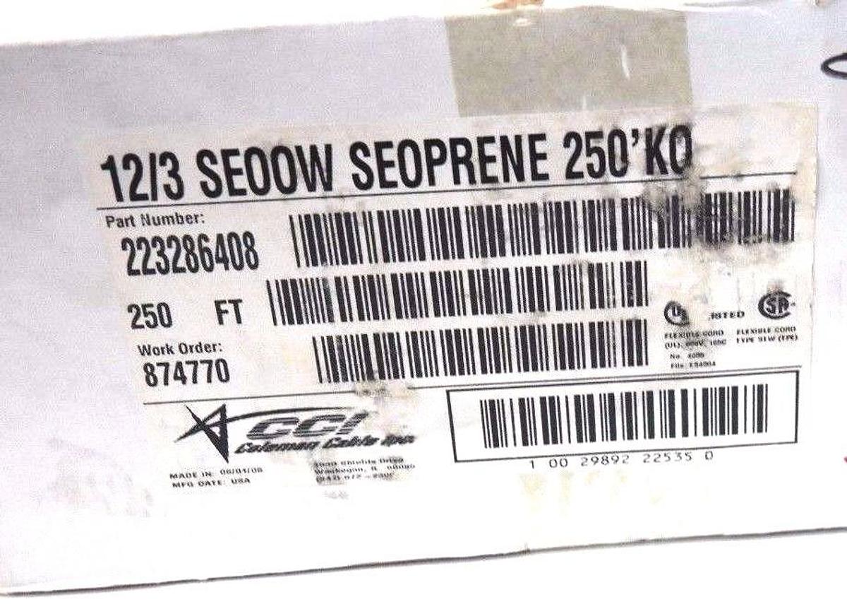 NEW SEOPRENE 12/3 SEOOW SEOPRENE 105C 600 VOLT 250' KO P/N: 223286408