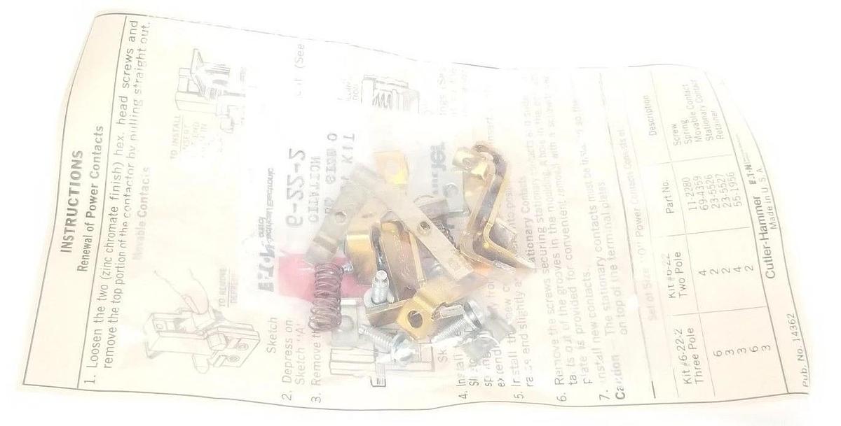 Used LOT OF 2 NIB EATON CUTLER-HAMMER 6-22-2 CONTACT KITS 3-POLE, SIZE 0, 6222