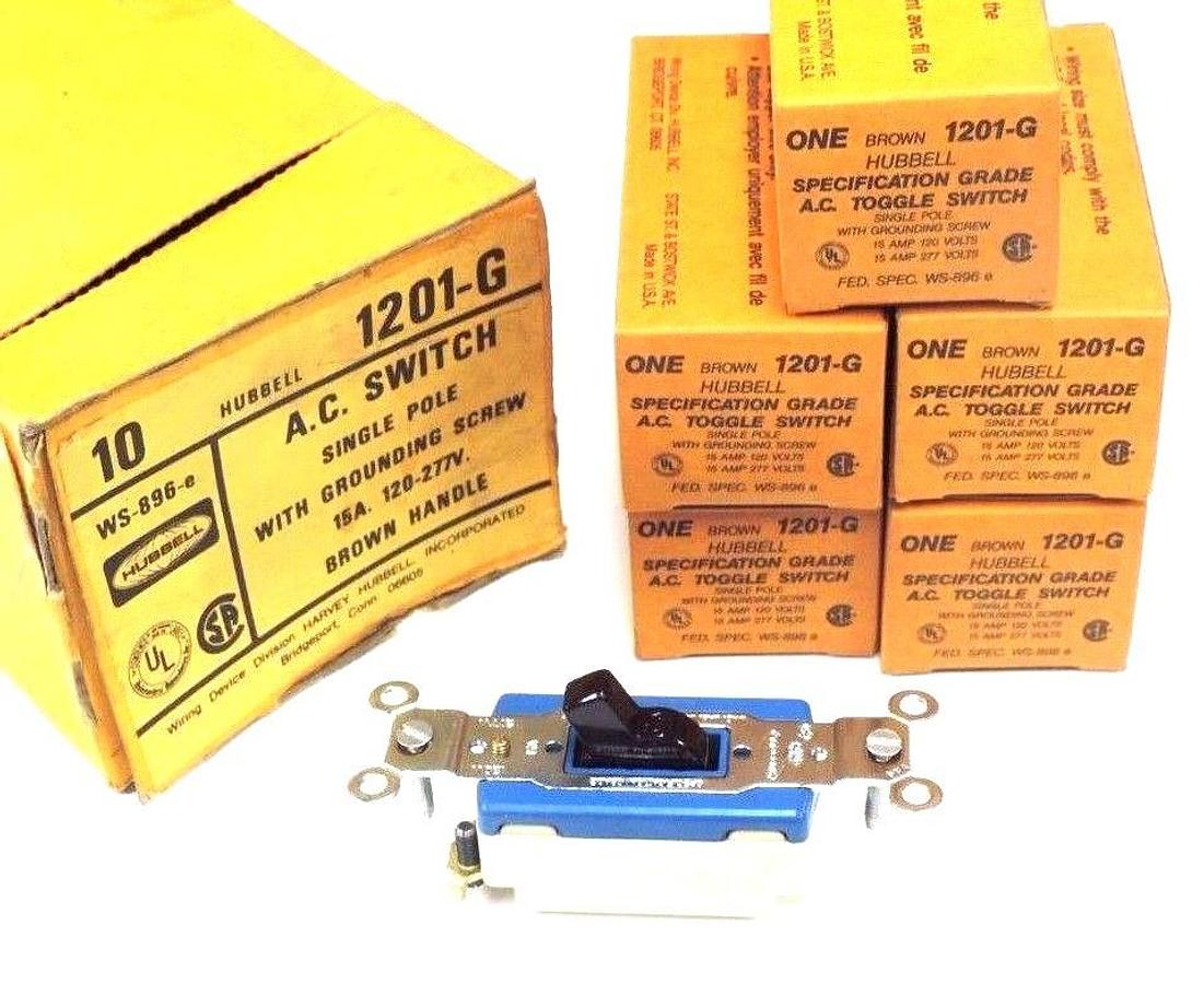 Used LOT OF 5 NIB HUBBELL 1201-G A.C. TOGGLE SWITCHES 15AMP, 120/277V, BROWN, 1201G