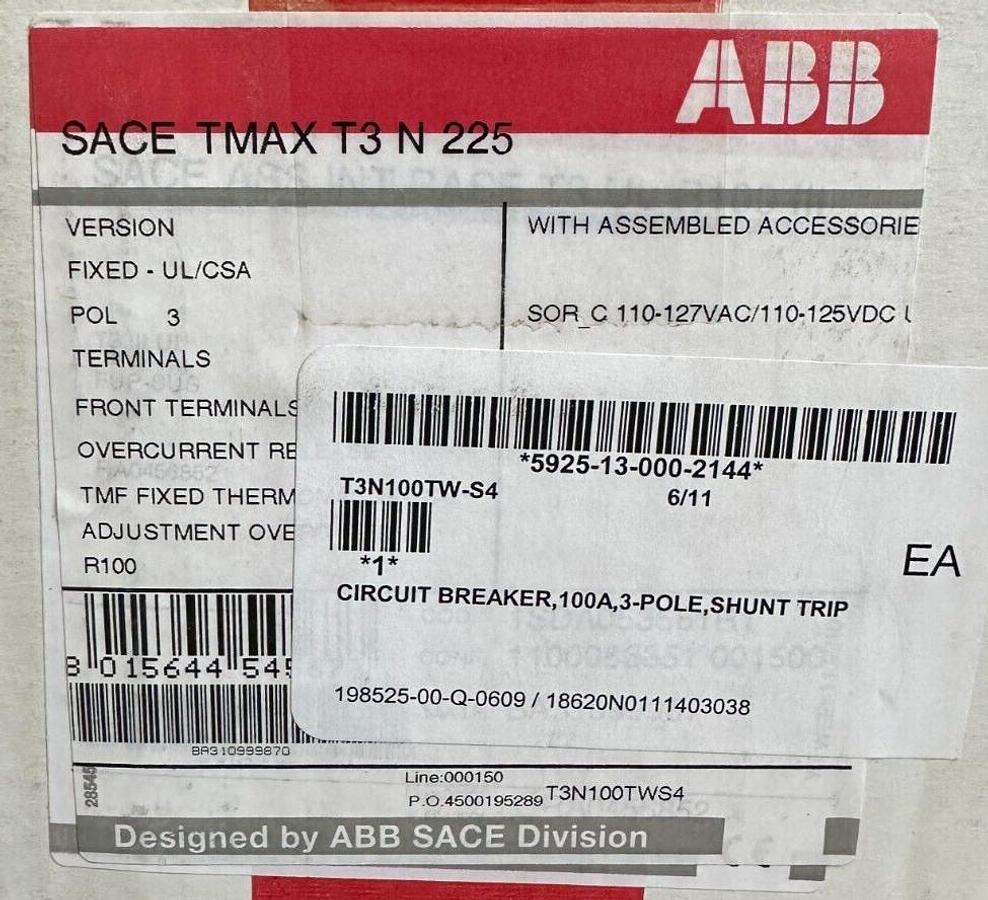 Used NEW ABB SACE T3N100TWS4 SACE Tmax T3 N 225 / TmaxT3N225 CIRCUIT BREAKER 100A 3-P