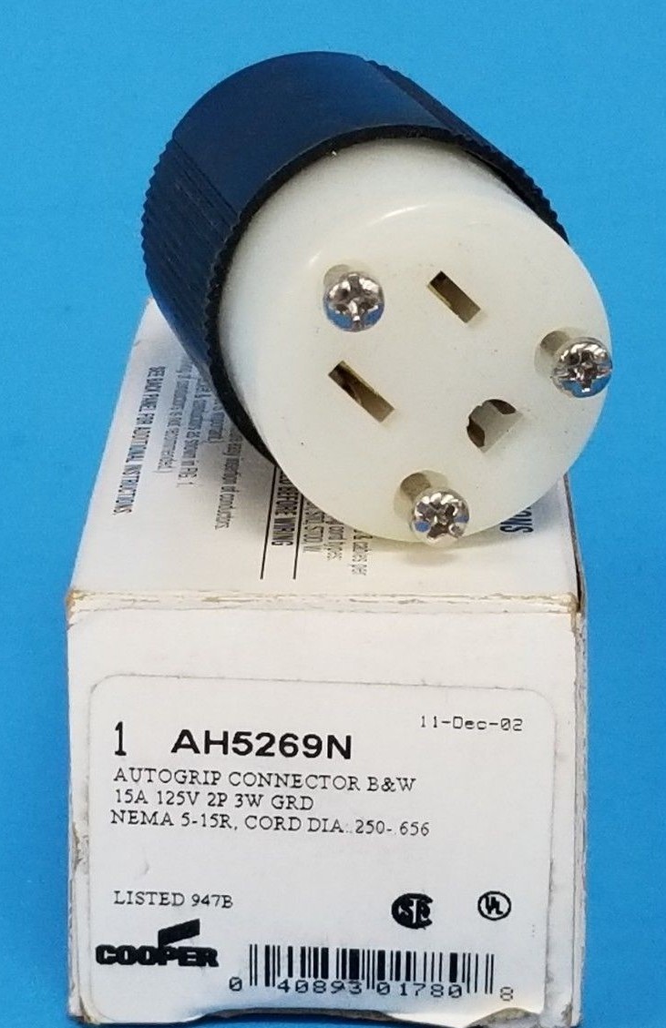 NIB COOPER ARROW HART AH5269N AUTOGRIP CONNECTOR B&W 15A 125V 2P 3W GRD
