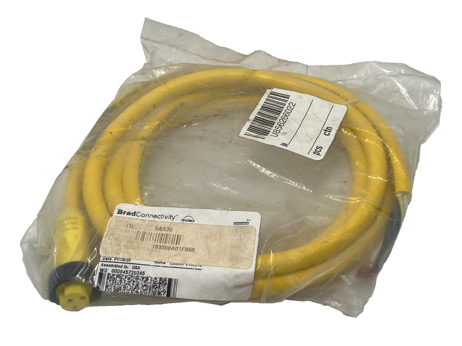 Used Brad Molex 103000A01F060 M12 Cordset 4-Pin Right Angle Female 6ft Cable, NSMP