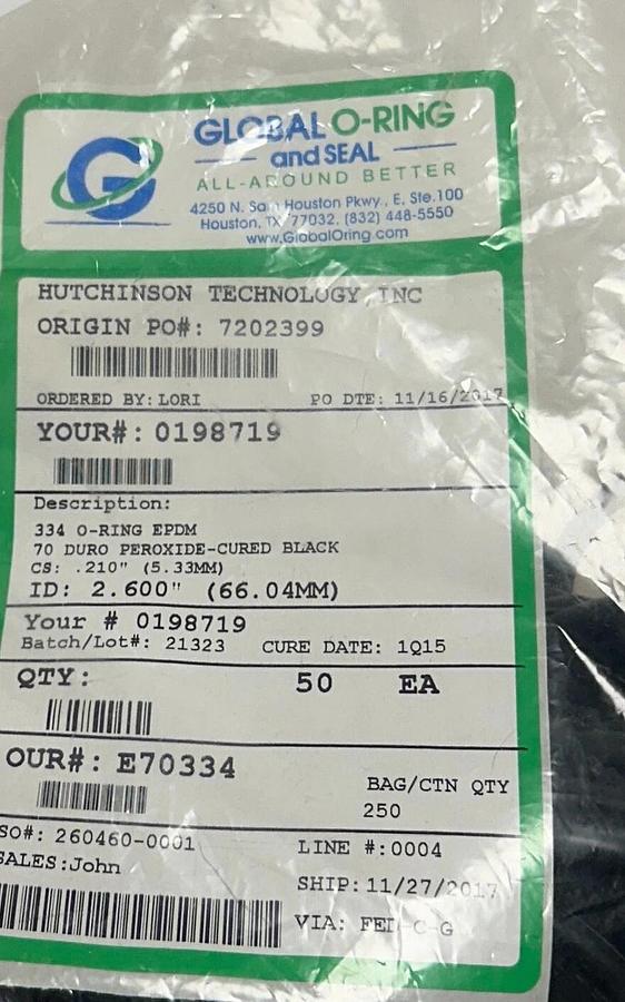 50 GLOBAL O-RING AND SEAL E70334 O-RINGS DURO 70 BLACK 2.60'' ID (66.04mm) NSMP