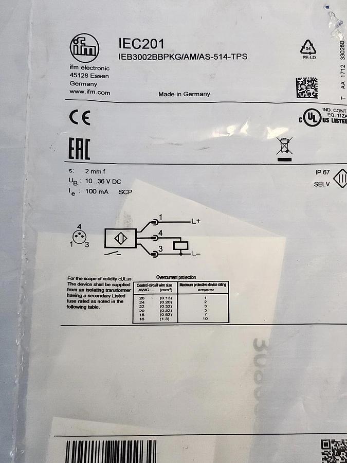 Used NEW IFM EFECTOR IEB3002BBPKG/AM/AS-514-TPS SENSOR IEC201