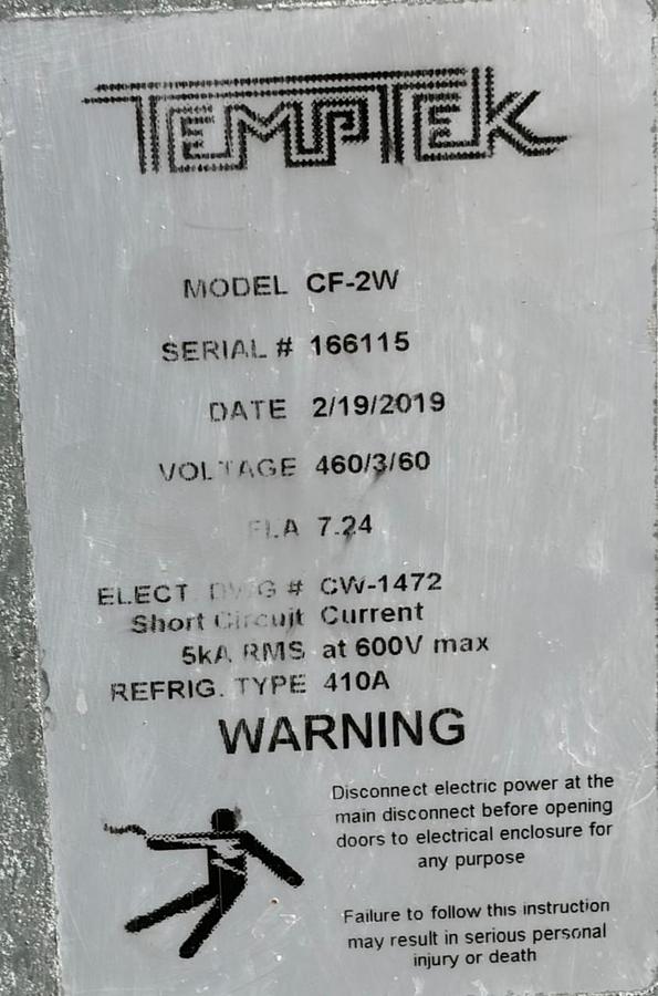 Used TempTek CF-2W 2 Ton Water Cooled Portable Chiller 460V 3PH R410A