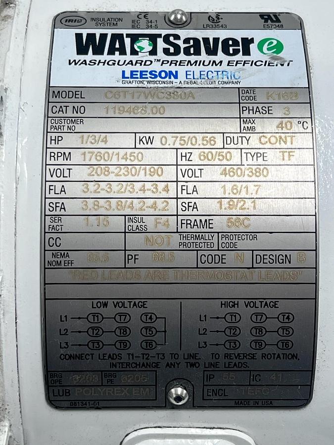 Used Leeson 119468.00 Washguard Premium Efficient Motor 1HP 1750RPM 3PH 56C Stainless