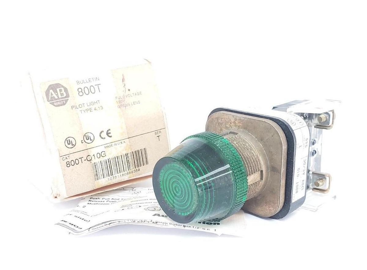 NIB ALLEN-BRADLEY 800T-Q10G SER. T GREEN PILOT LIGHT, 800T-Q10, 120V, TYPE 4, 13