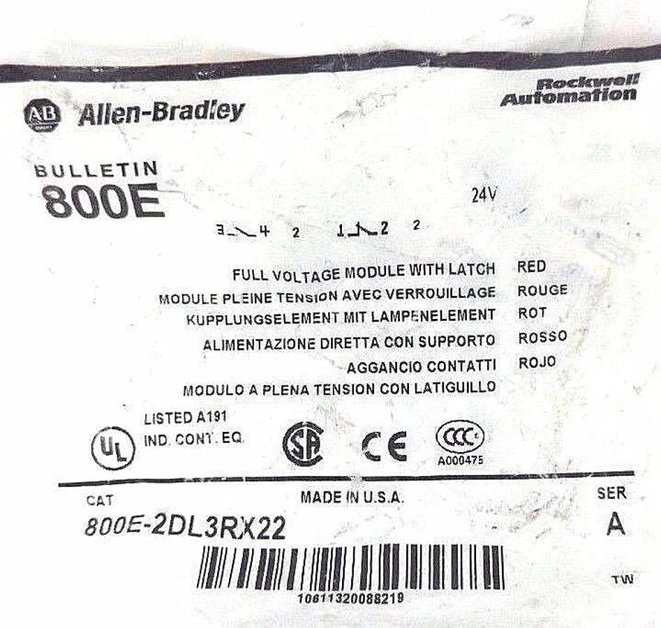 Used NEW ALLEN BRADLEY 800E-2DL3RX22 SER. A FULL VOLTAGE MODULE WITH LATCH RED