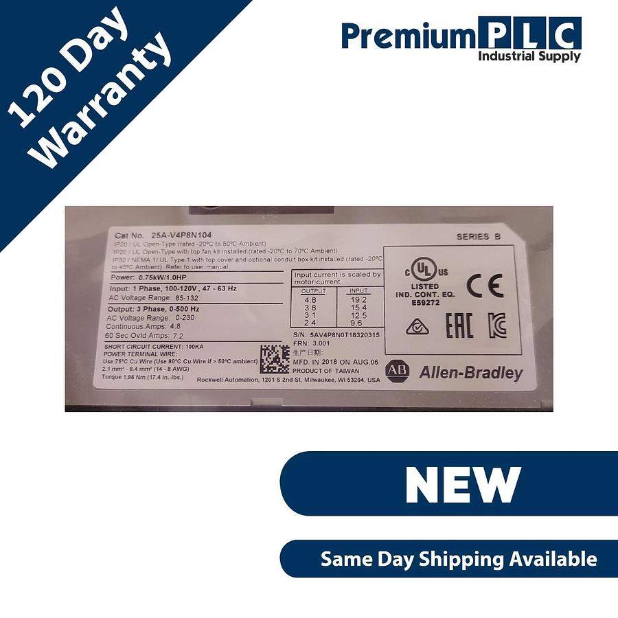 NEW ALLEN BRADLEY 25A-V4P8N104 /B POWERFLEX 523 AC DRIVE 0.75kW/1.0HP FRN. 3.001 885630700922
