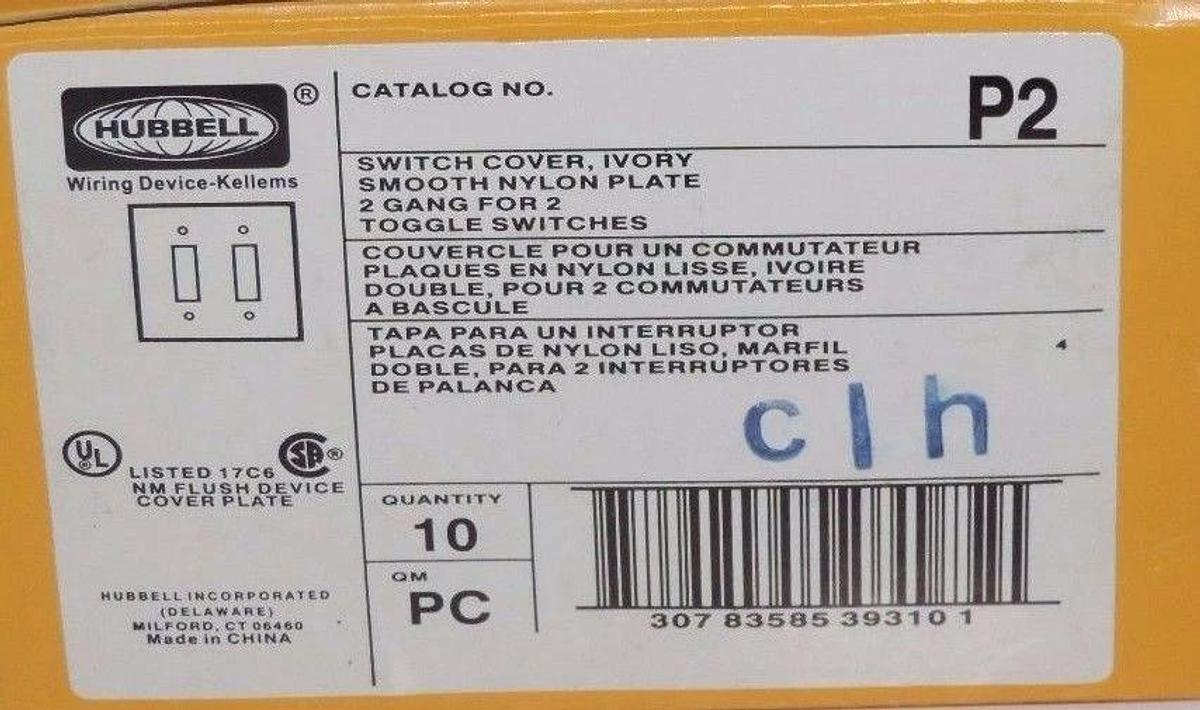 Used BOX OF 10 NEW HUBBELL P2 WALL PLATE SWITCH COVERS IVORY 2-GANG 2-SWITCH