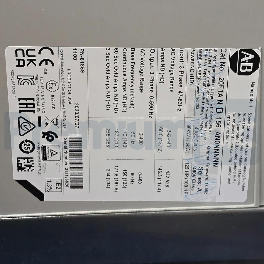Used Allen Bradley 20F1AND156AN0NNNNN /A PowerFlex 753 AC Drive 480V 125HP 156A NSMP