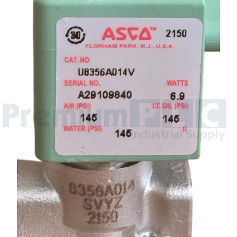 Used ASCO U8356A014V 3/2 8356 SERIES 3-Way/2-Pos SOLENOID VALVE 1/8" NPT SS 316 NUPI