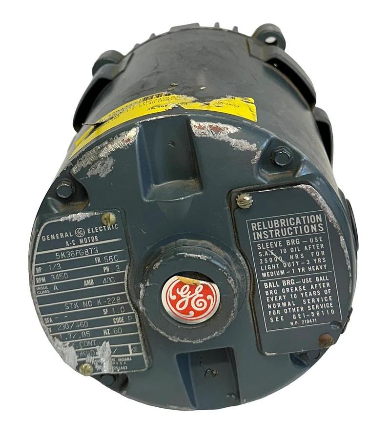 Used GENERAL ELECTRIC 5K36FG873 AC MOTOR 1/3HP 3450RPM 3PH 230/460V 60Hz USNP