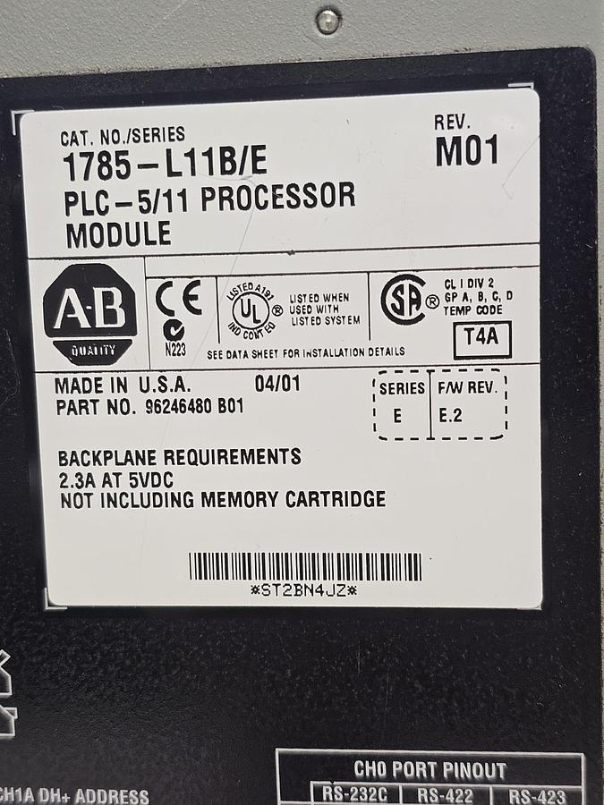 Used ALLEN BRADLEY 1785-L11B /E PLC-5/11 PROCESSOR MODULE REV. M01 F/W REV. E.2