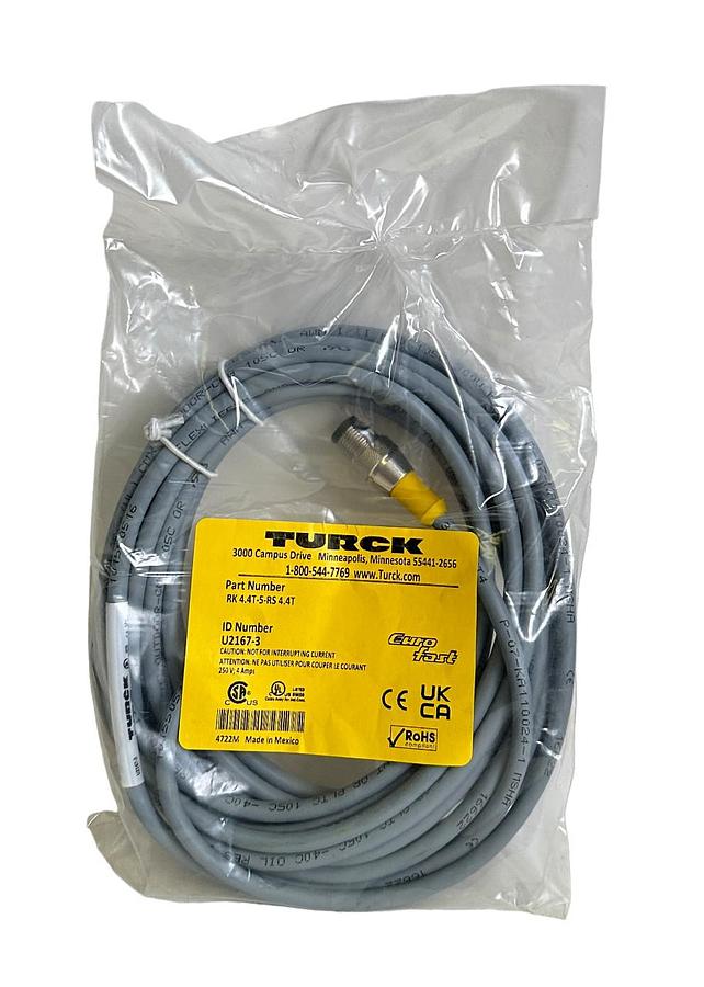 Used NEW TURCK RK 4.4T-5-RS 4.4T / RK44T5RS44T M12 EURO CORDSET 5M U2167-3 / U21673