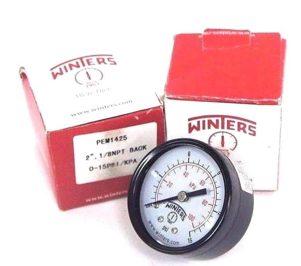 Used LOT OF 2 NIB WINTERS PEM1425 PRESSURE GAUGES 2" FACE, 1/8" NPT, 0-15PSI