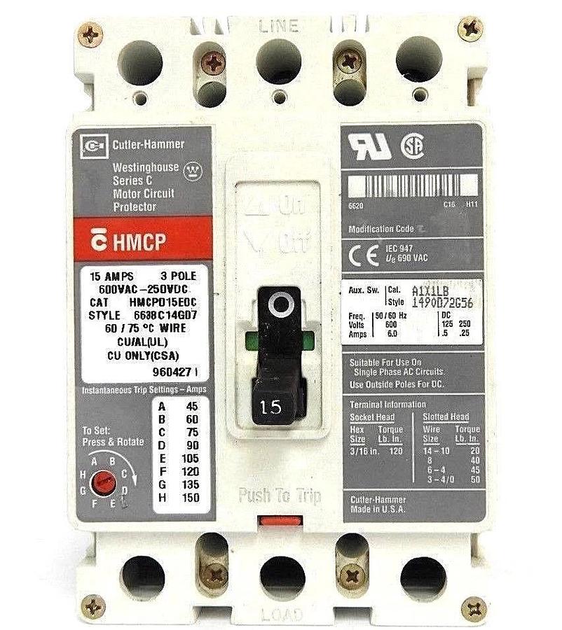 Used WESTINGHOUSE HMCP015E0C CIRCUIT BREAKER STYLE: 6638C14G07, SER. C, 15AMP, 3-POLE