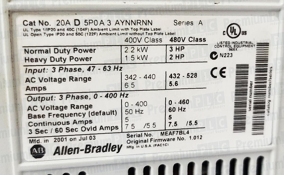 Used REPAIRED ALLEN BRADLEY 20AD5P0A3AYNNRNN SER. A POWERFLEX 70 3 HP 480V FRN 1.012