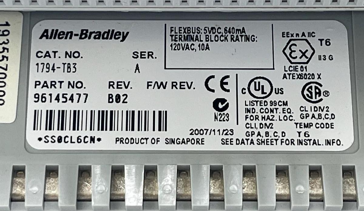 Allen Bradley 1794-TB3 Flex I/O Terminal Base | Ser A Rev B02 | PN 96145477