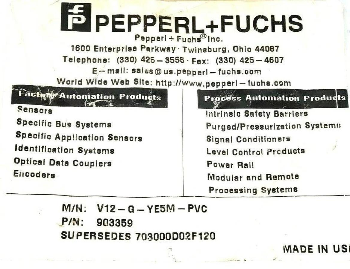 NEW PEPPERL+FUCHS V12-G-YE5M-PVC CORDSET 5M, 903559, SUPERSEDES 703000D02F120