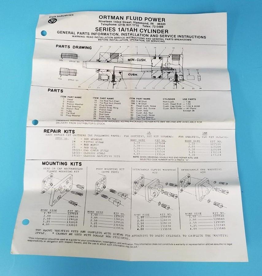 Used NEW ORTMAN FLUID POWER 129564 REPAIR KIT