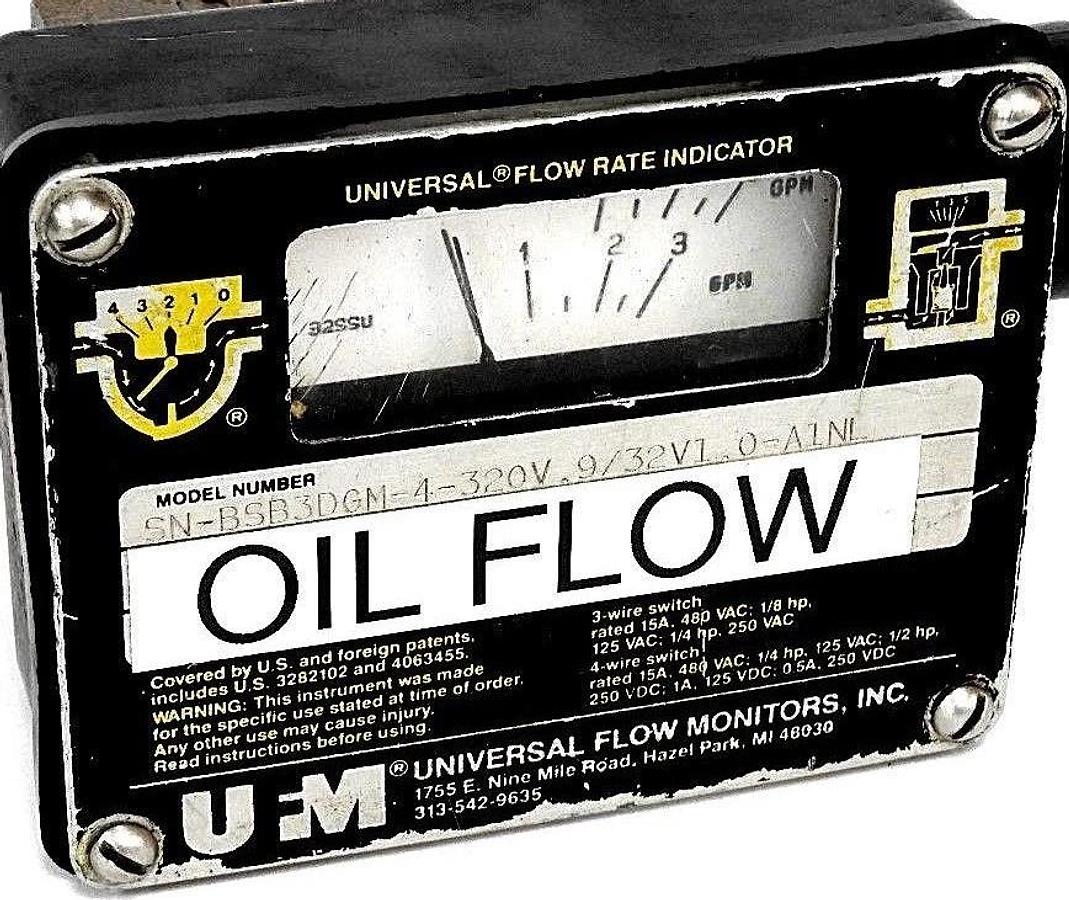 Used UNIVERSAL FLOW MONITORS SN-BSB3DGM-4-320V.9/32V1.0-A1NL FLOW RATE INDICATOR