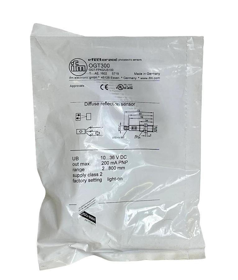 Used NEW IFM EFECTOR OGT-FPKG/US100 / OGT300 DIFFUSE REFLECTION SENSOR 10-36VDC 200mA