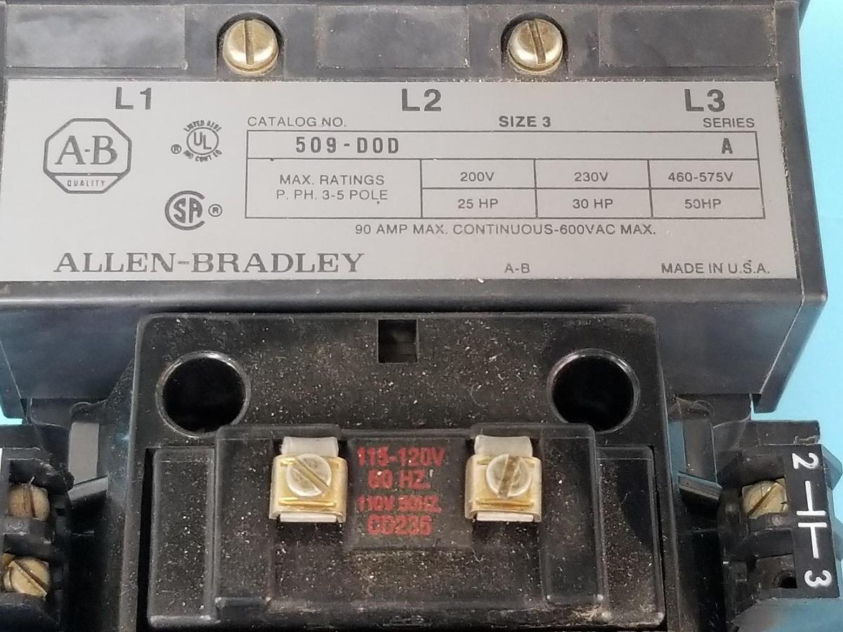 Used ALLEN BRADLEY 509-DOD STARTER SER. A, COIL: CD236 115-120V 60HZ, 595-AA , 595-A