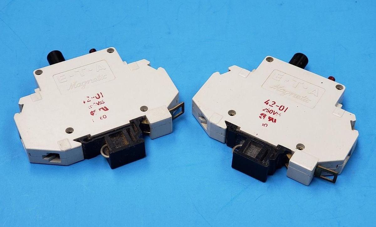 Used LOT OF 2 E-T-A MAGNETIC 42-01 CIRCUIT BREAKERS 250VAC, 1POLE, 4201