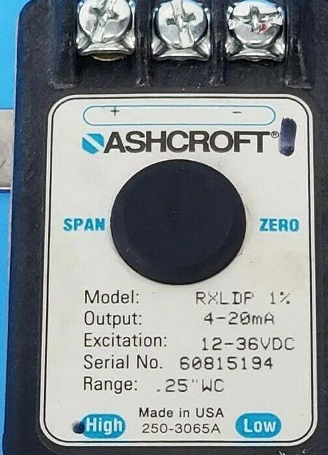 Used ASHCROFT RXLDP 1% PRESSURE TRANSMITTER 4-20mA, 12-36VDC, 0.25" WC RANGE