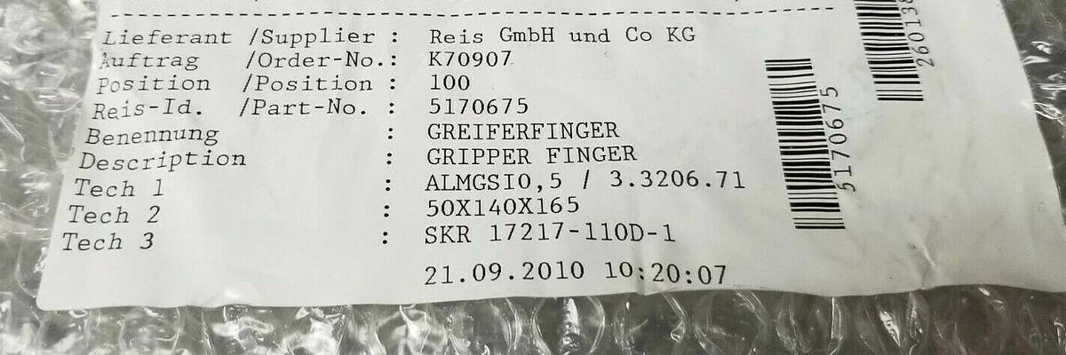 NEW REIS GmbH & CO. 5170675 GRIPPER FINGER ALMGSI0,5 / 3.3206.71 50X140X165