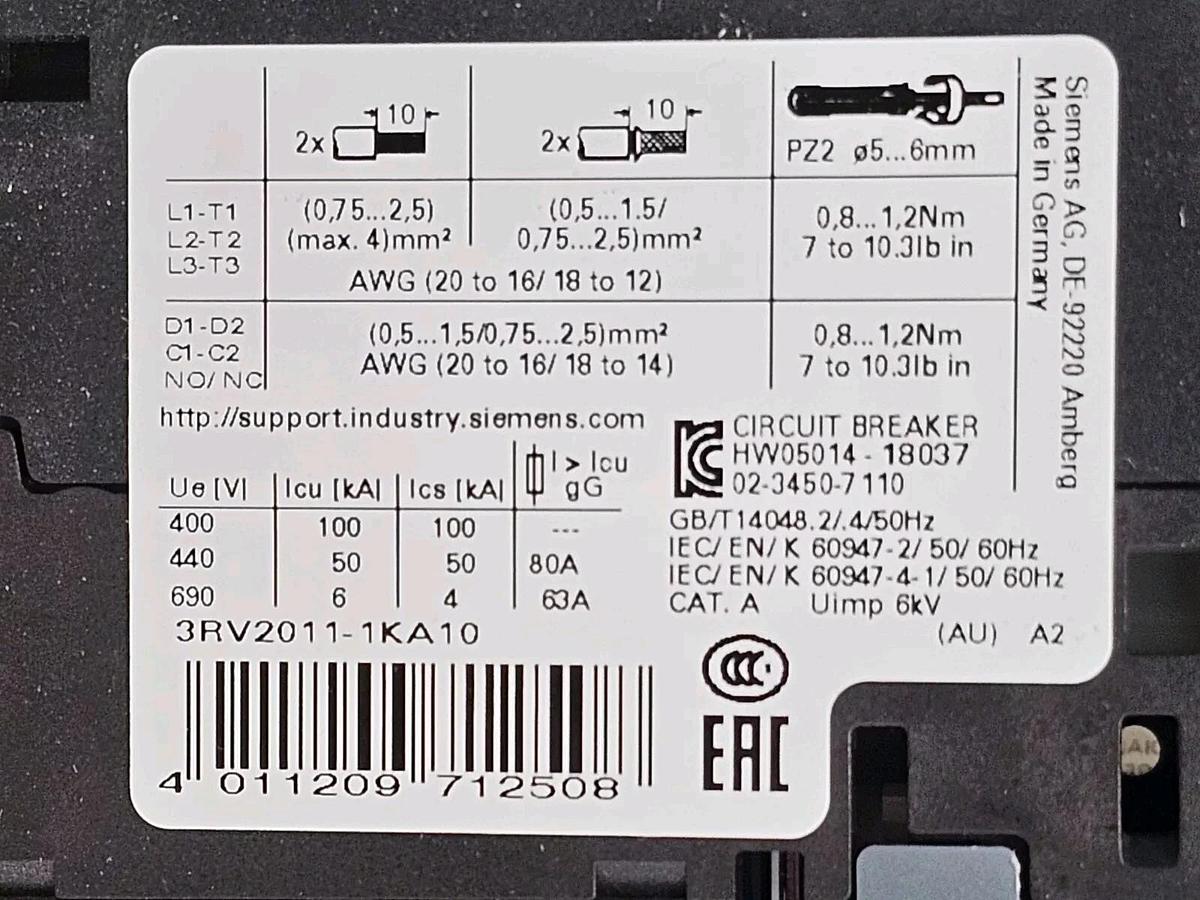 Used NIB SIEMENS 3RV2011-1KA10 CIRCUIT BREAKER 9-12.5 AMP 3RV20111KA10
