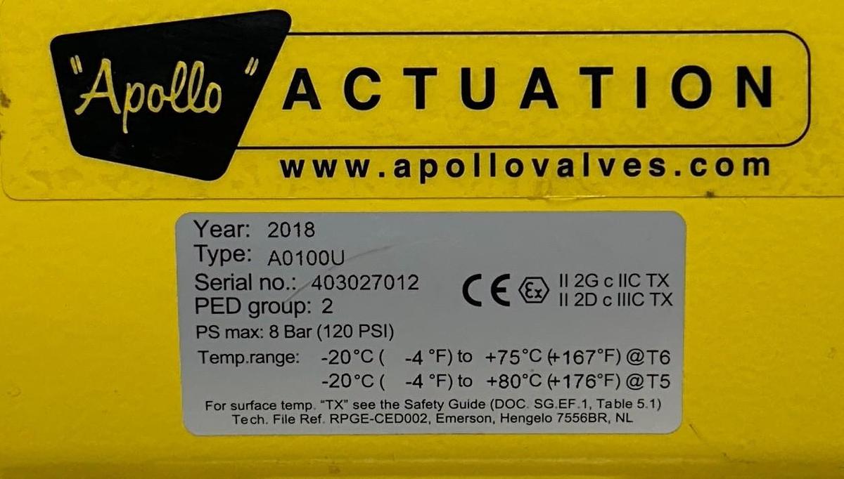 Used APOLLO A0100U / 88A148AR SPRING-RETURN ACTUATOR AND BALL VALVE 2'' 316SS NSNP