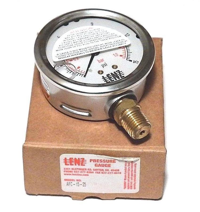 Used NIB LENZ AFC-15-25 PRESSURE GAUGE 0-15PSI, 0-1.0BAR, AFC1525