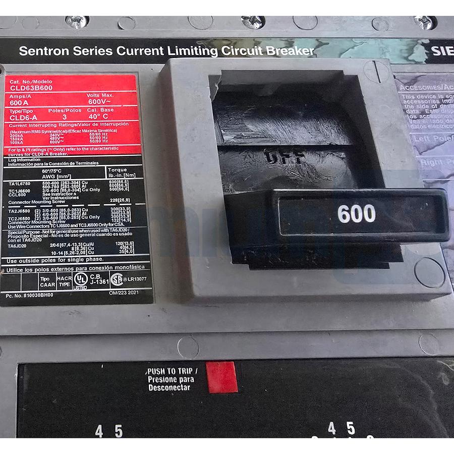 Used Siemens CLD63B600 Sentron Circuit Breaker 600A 600V 3-Pole LD Frame w/ Trip NSMP