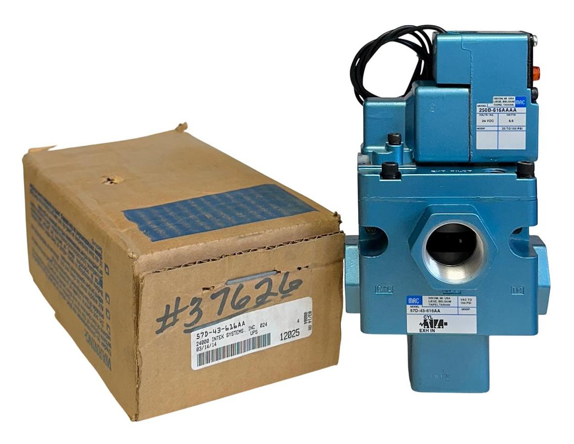 Used MAC VALVES 57D-43-616AA / 57D43616AA SOLENOID VALVE 24VDC COIL 8.5W 150PSI NSMP