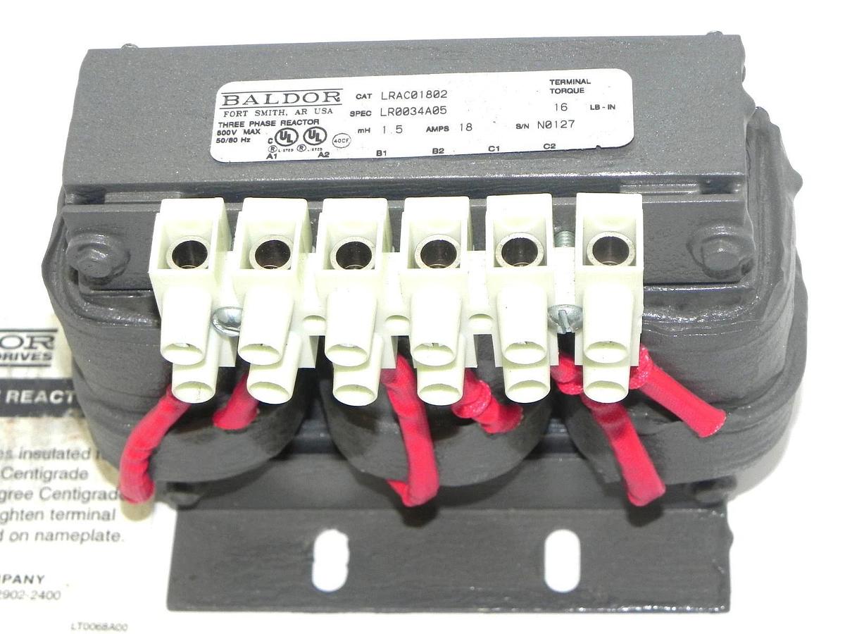 NIB BALDOR LRAC01802 THREE PHASE REACTOR SPEC. LR0034A05 AMPS 18