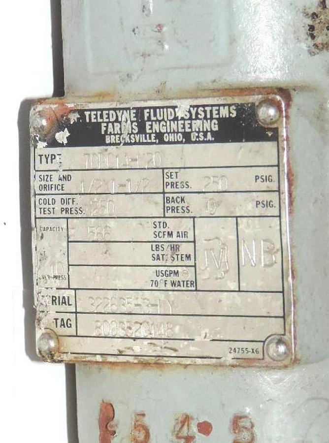 Used TELEDYNE FARRIS 70DC14-M20 VALVE, 1/2" x 1 1/2" PRESS 250 PSIG