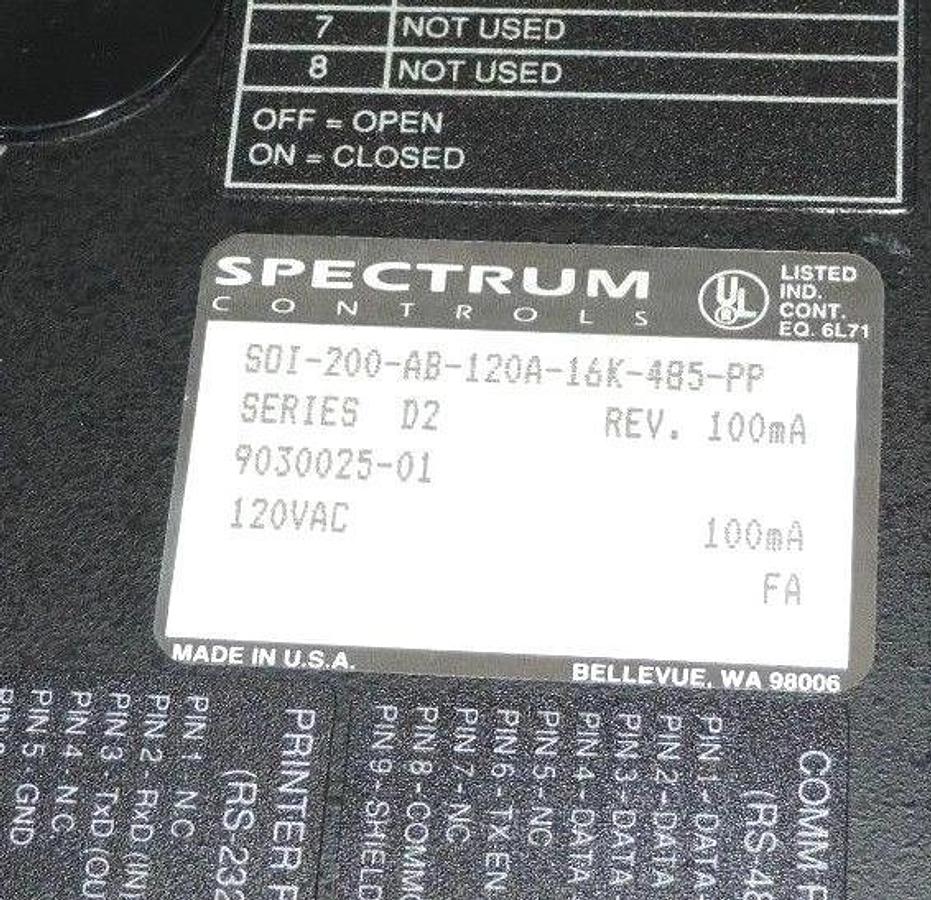 Used SPECTRUM CONTROLS SOI-200-AB-120A-16K-485-PP OPERATOR INTERFACE SER. D2 120 VAC